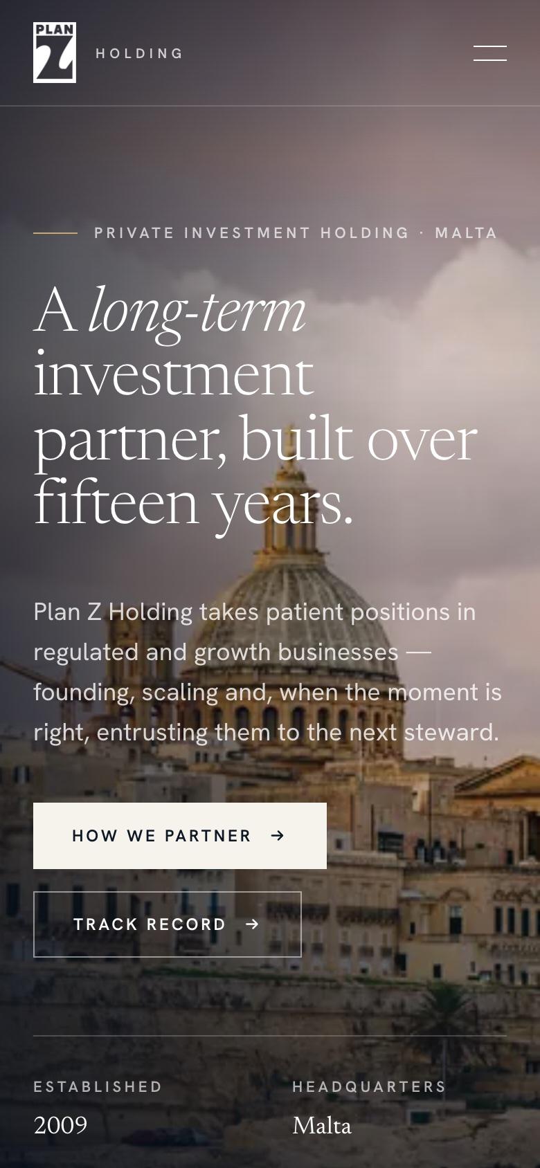 The Plan Z Holding website, mobile