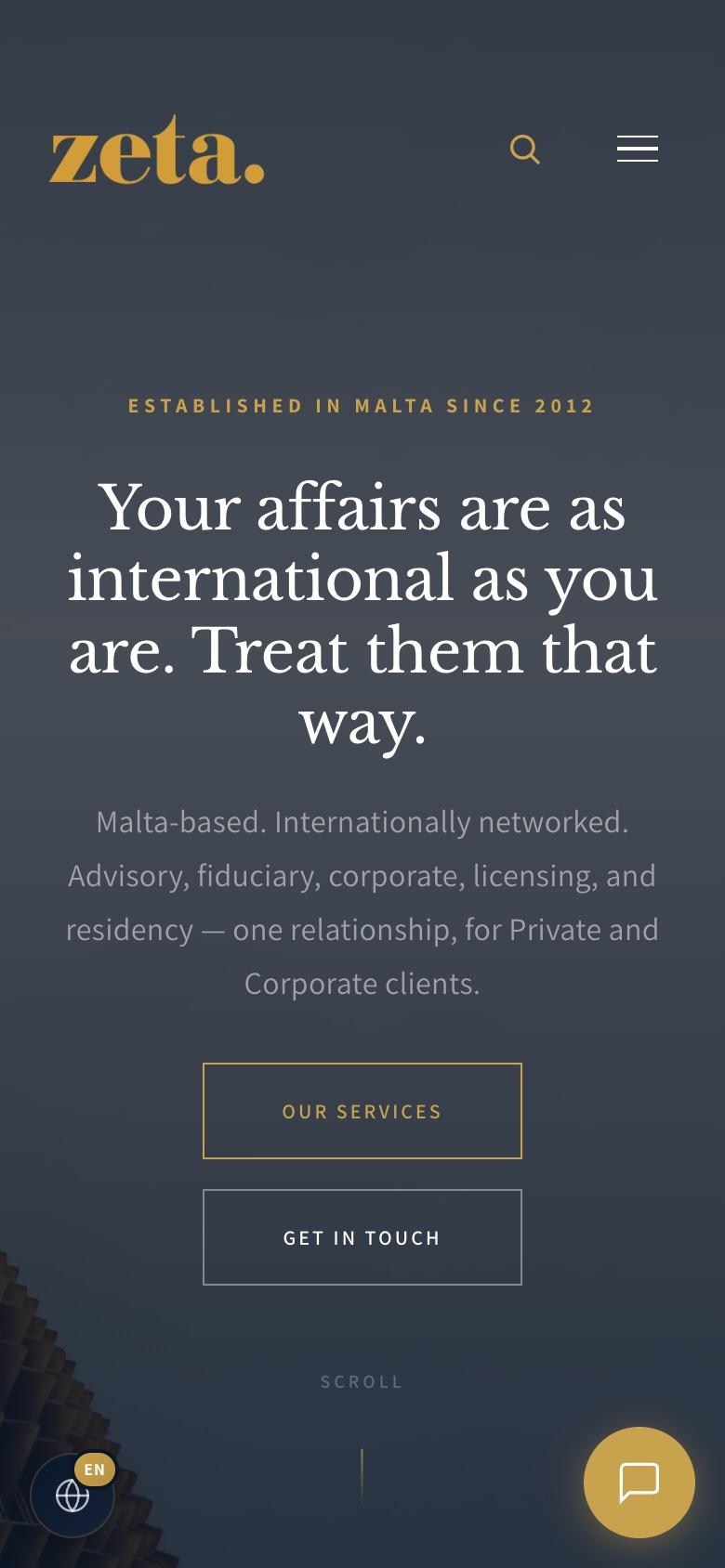 The Zeta Financial website after the rebuild, mobile